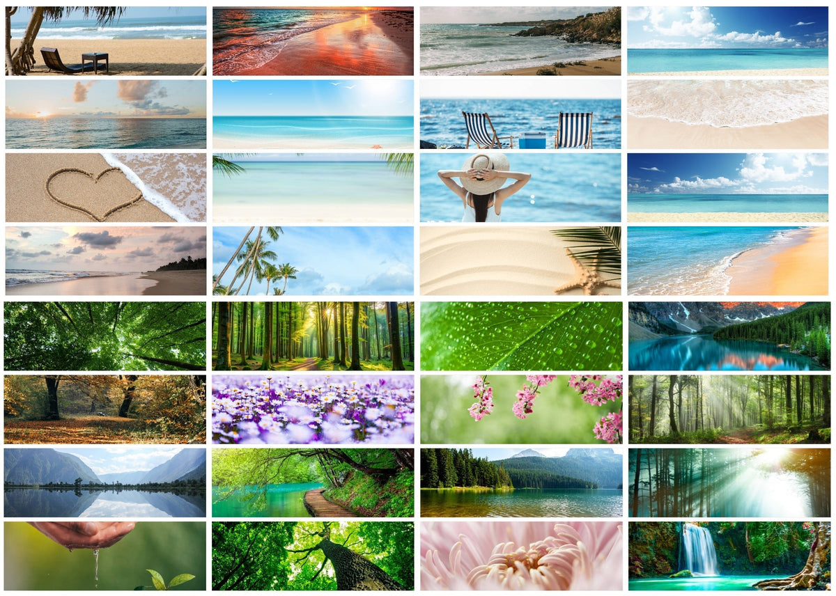 Collage aus Stockfotos mit Strand, Meer, Wald, Blüten und Wasserfall – Auswahl möglicher Motive für ein Wandtuch