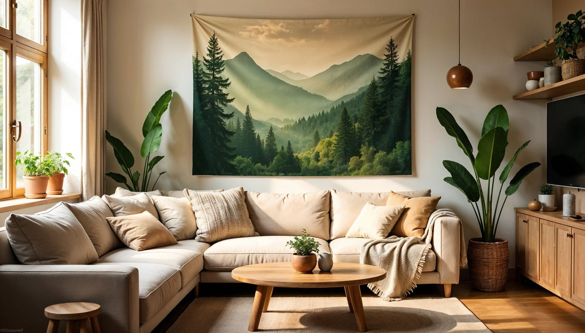 Tapiz de bosque de abetos ante montañas verdes en el salón sobre el sofá rinconero beige – tonos verdes y crema naturales