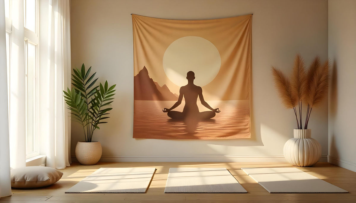 Tapestry with a nature motif above a yoga mat in a bright yoga room
