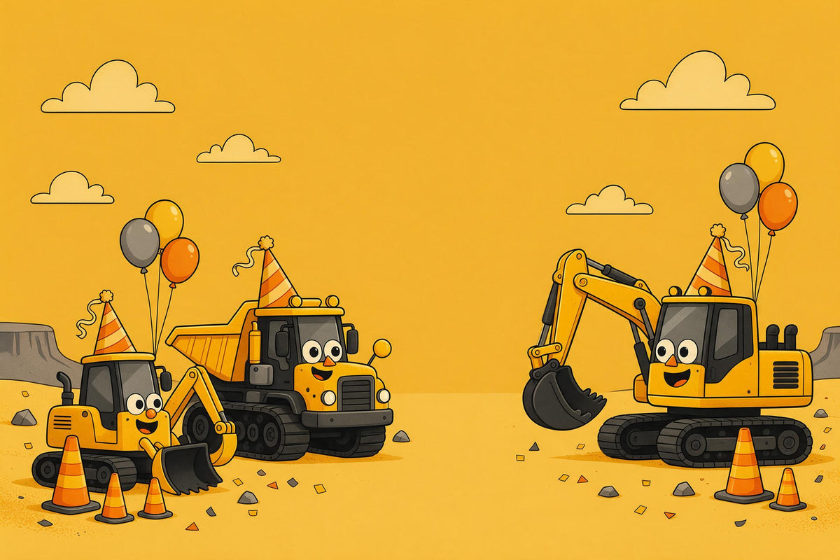 Bagger und Kipplaster mit Partyhütchen und Ballonen auf gelber Baustelle, als Wandtuch, auf Stoff gedruckt – Gelb und Orange