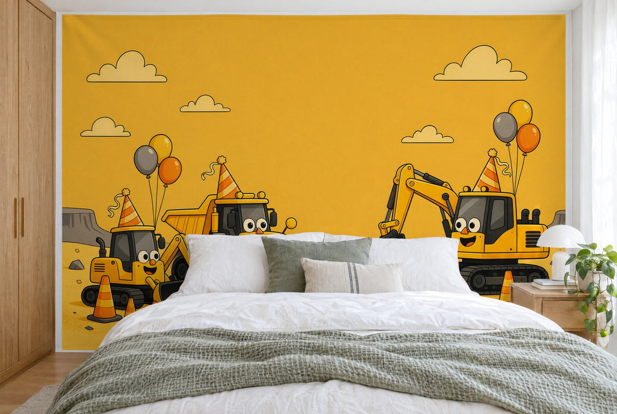 Grosses Wandtuch Baustellen-Geburtstag mit Baggern im Schlafzimmer wandfüllend hinter dem Bett – Wandbehang aus Stoff