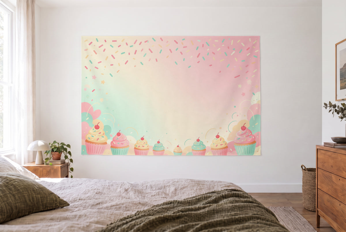 Wandtuch Cupcakes und Streusel im hellen Schlafzimmer gegenüber dem Bett, rechts eine Holzkommode – Rosa, Mint und Gelb