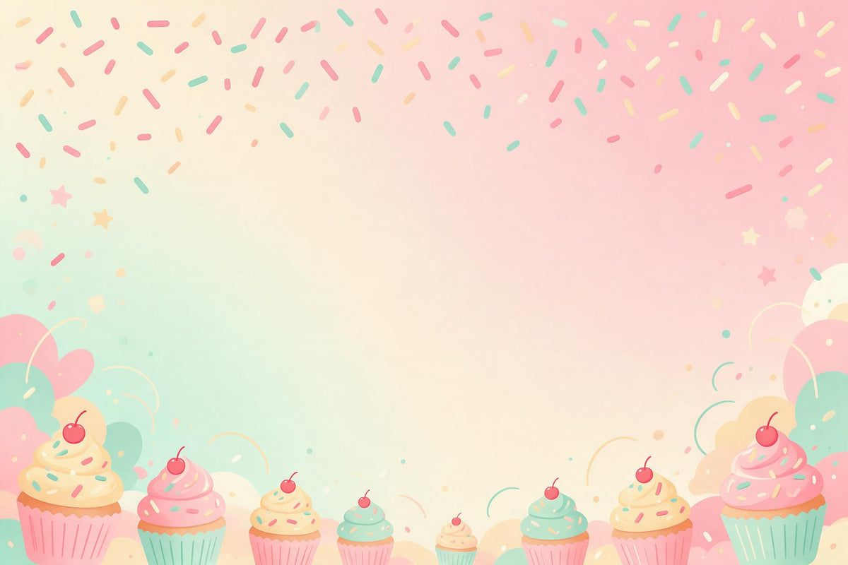Cupcakes con cerezas y fideos de colores en el borde inferior, fideos flotando arriba, tapiz impreso en tela – rosa