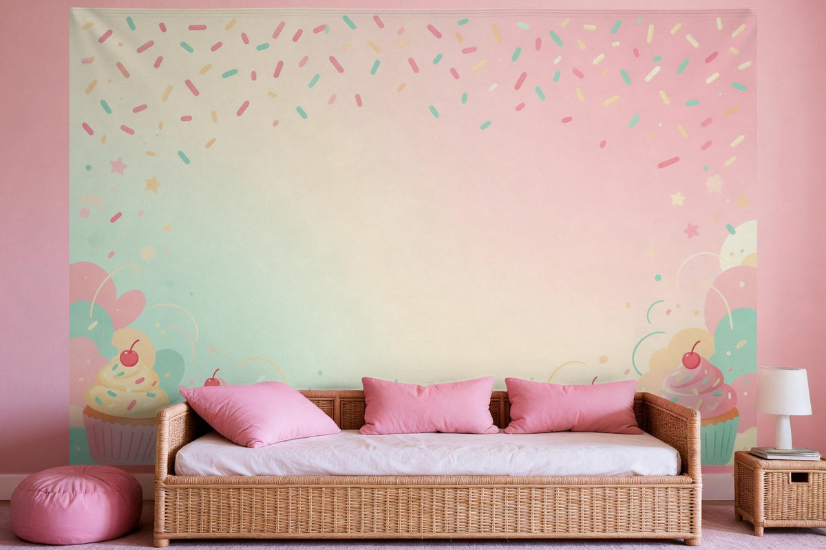 Decoración de pared en un dormitorio de niña: tapiz de tela Cupcakes y fideos de colores