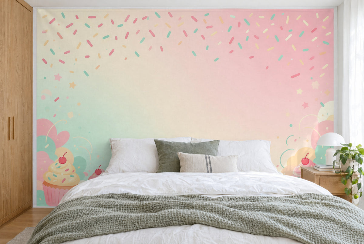 Tapiz de pared grande Cupcakes y fideos de colores en el dormitorio, cubriendo la pared detrás de la cama – tela impresa