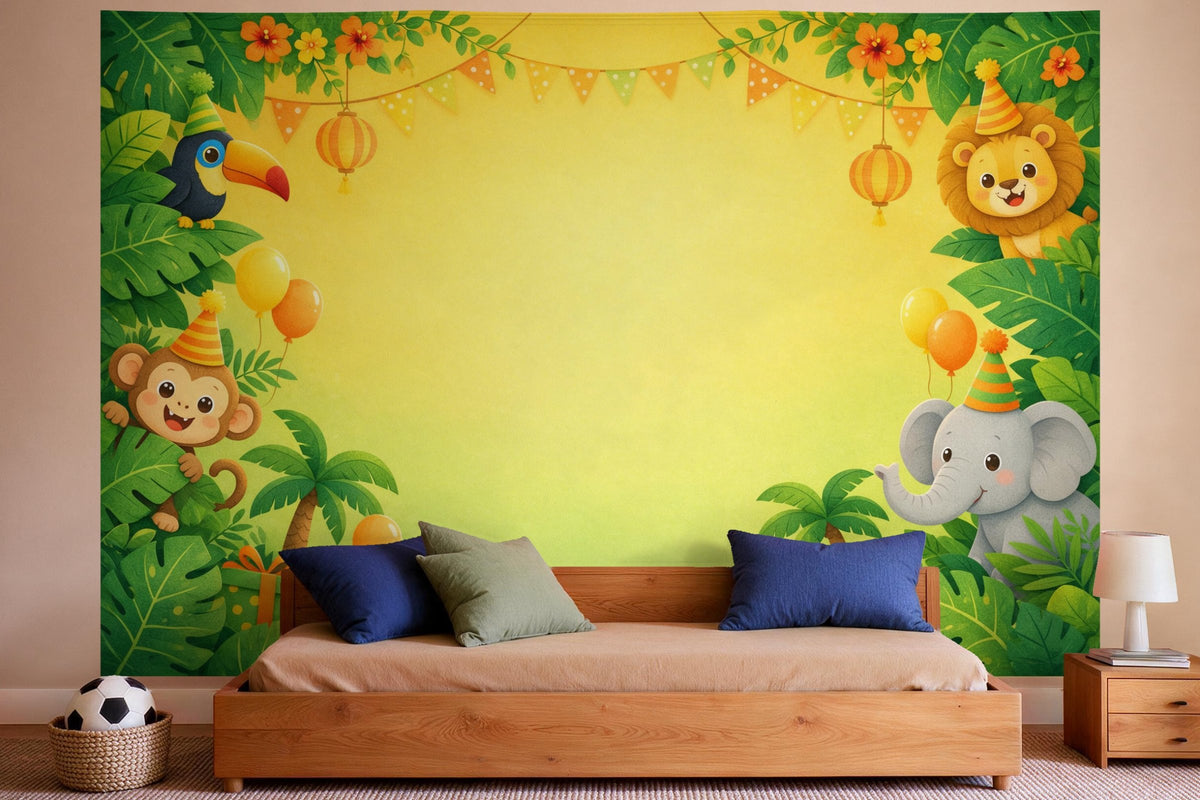 Decoración de pared en un dormitorio de niño: tapiz de tela Cumpleaños en la selva con animales