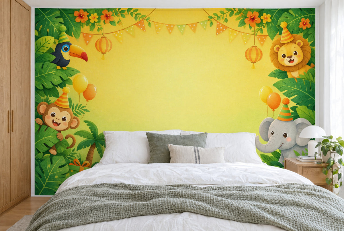 Large wall hanging Jungle Birthday with Animals in the bedroom, wall-filling behind the bed – printed tapestry
