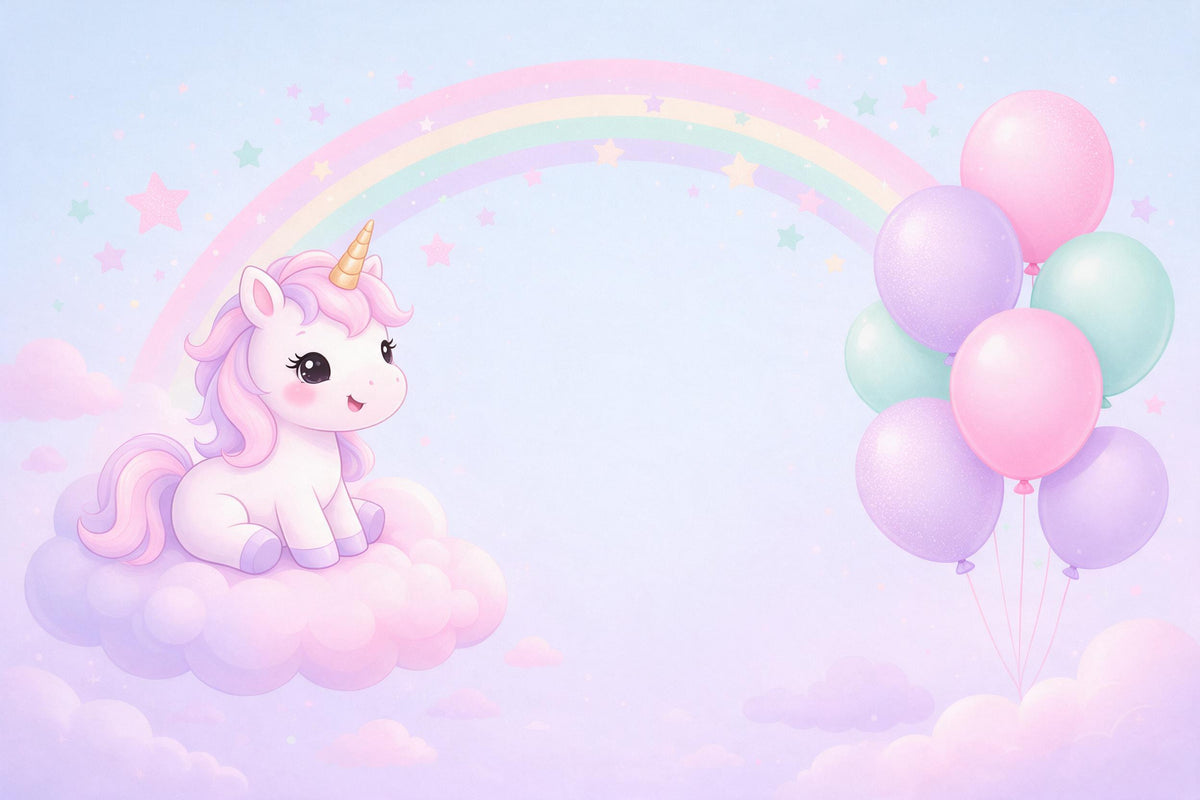 Unicornio en nube rosa a la izquierda, arcoíris y estrellas arriba, globos a la derecha, tapiz impreso en tela – rosa y menta
