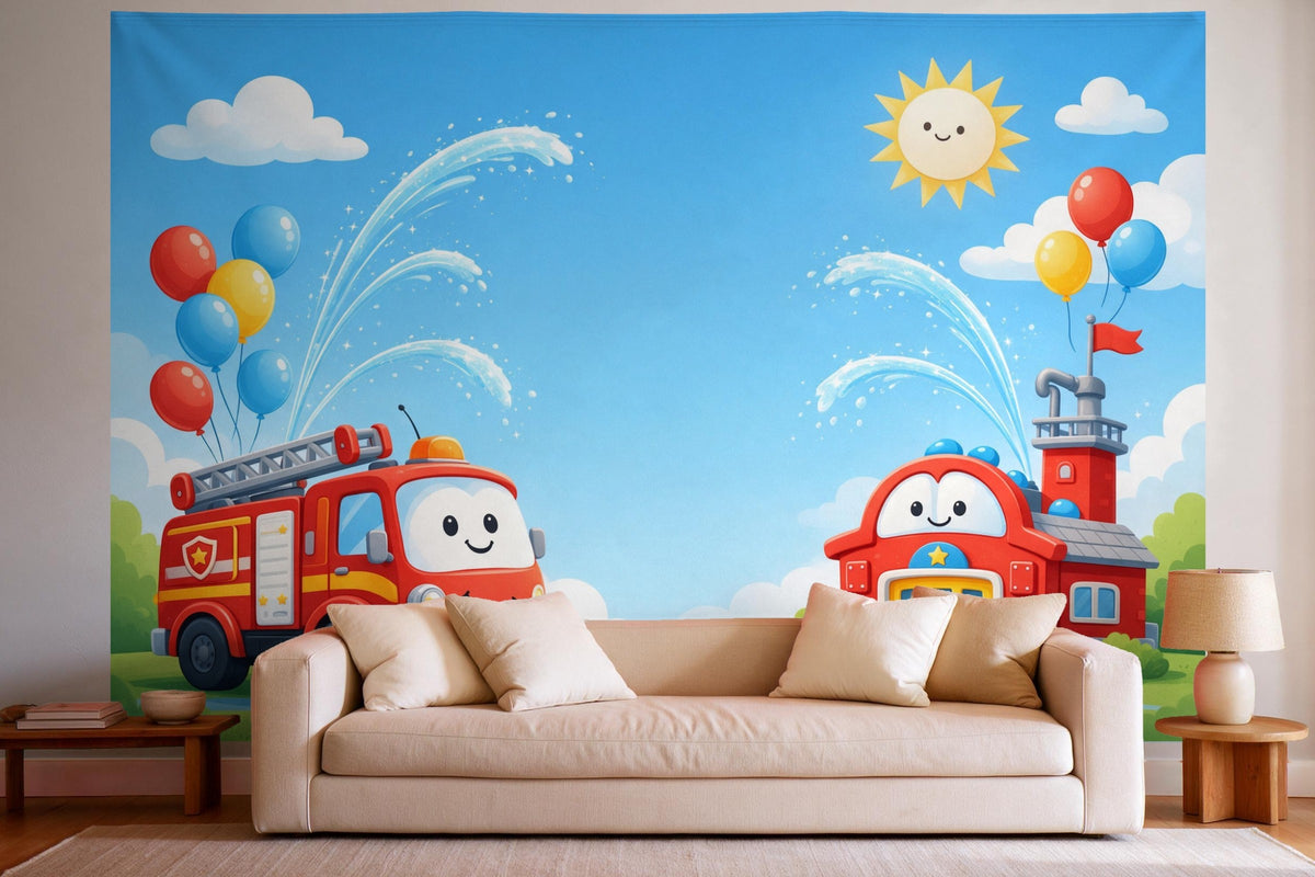 Decoración de pared en un salón luminoso sobre el sofá: tapiz de tela Cumpleaños de bomberos