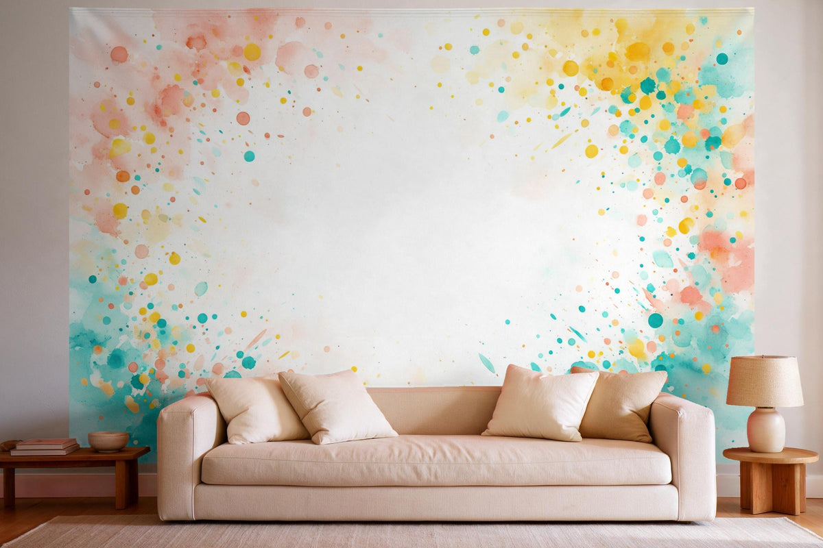 Tapiz de pared XXL Fuegos artificiales de confeti en acuarela como decoración en un salón luminoso sobre el sofá