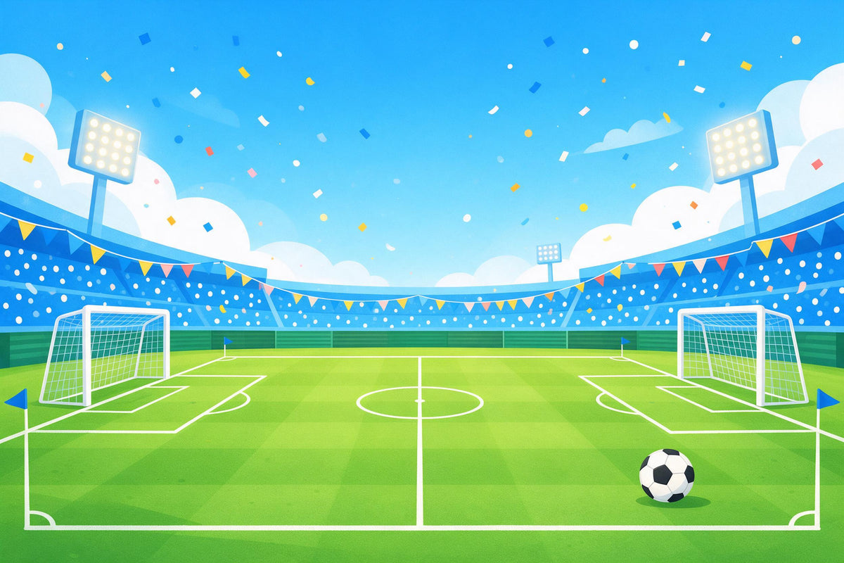 Football stadium with two goals, floodlights, confetti and colourful bunting, tapestry printed on fabric – green and blue