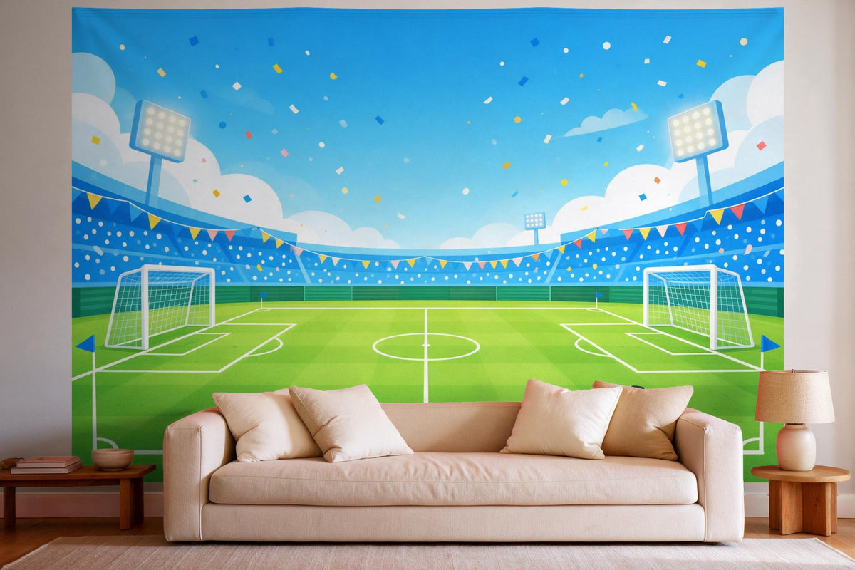 Wall decor in a bright living room above the sofa: printed fabric tapestry Football Birthday at the Stadium