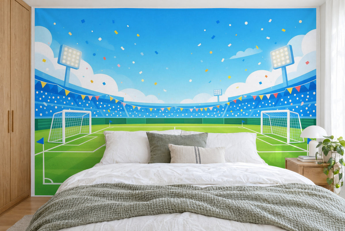 Large wall hanging Football Birthday at the Stadium in the bedroom, wall-filling behind the bed – printed tapestry