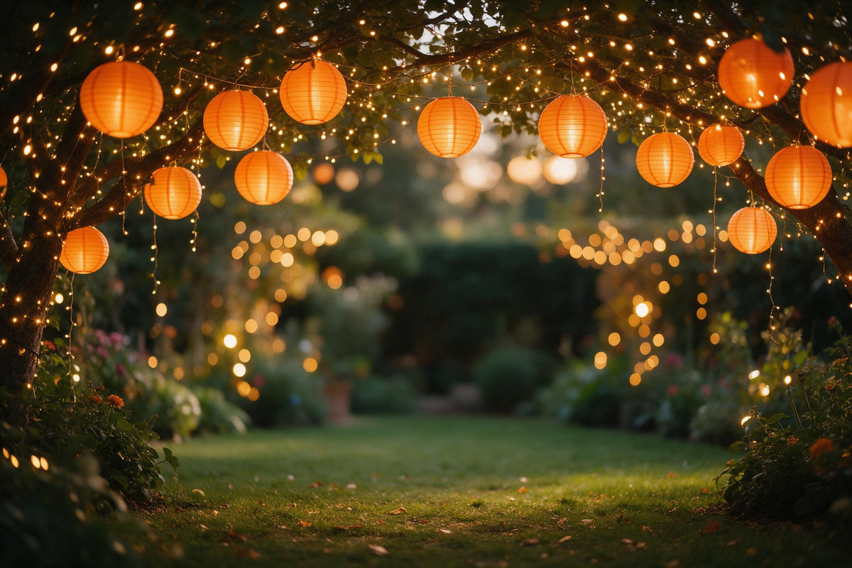 Orange Lampions und Lichterketten in Bäumen über einer abendlichen Gartenparty, als Wandtuch, auf Stoff gedruckt – Grün