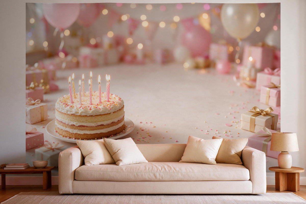 XXL wall tapestry Birthday Cake with Candles as wall decor in a bright living room above the sofa