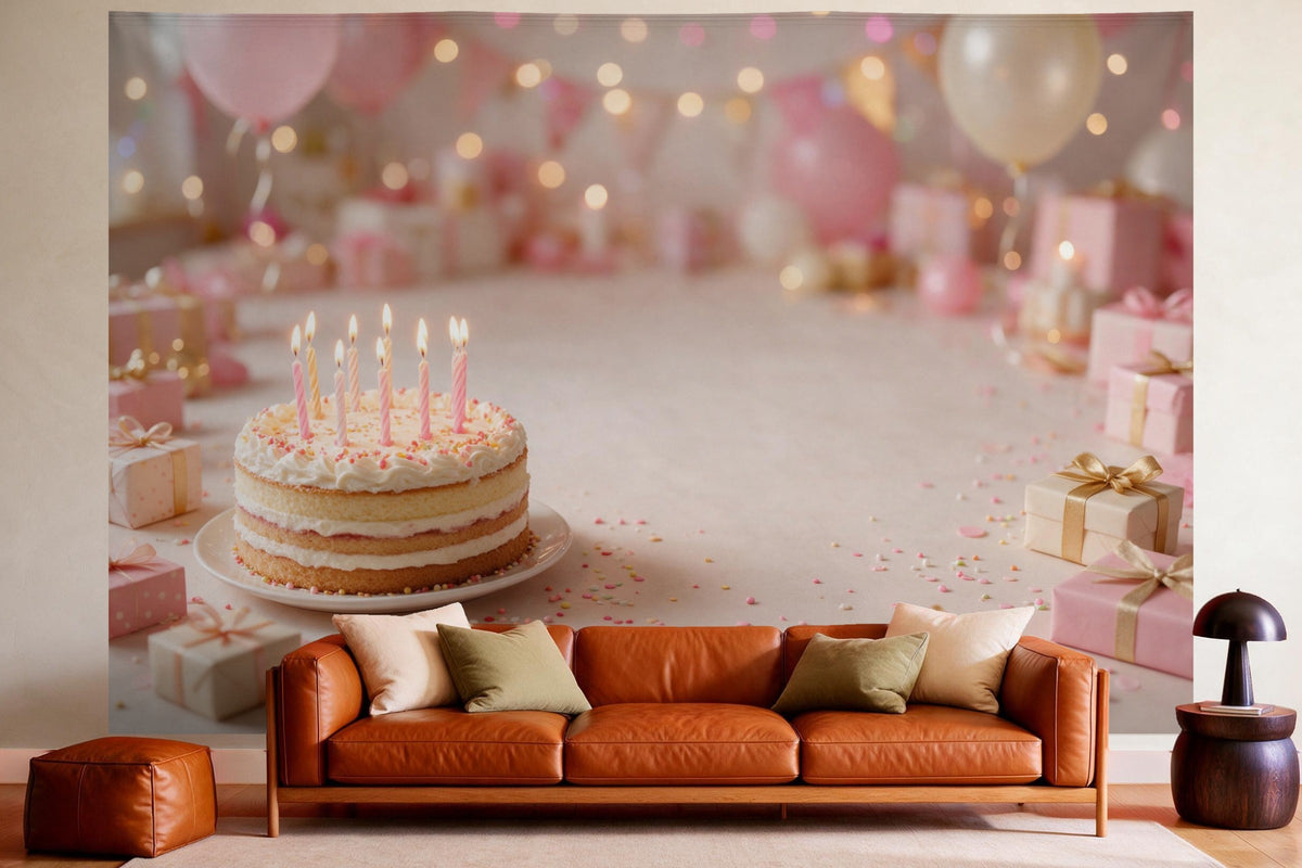 Wall decor in a cosy living room above the leather sofa: printed fabric tapestry Birthday Cake with Candles