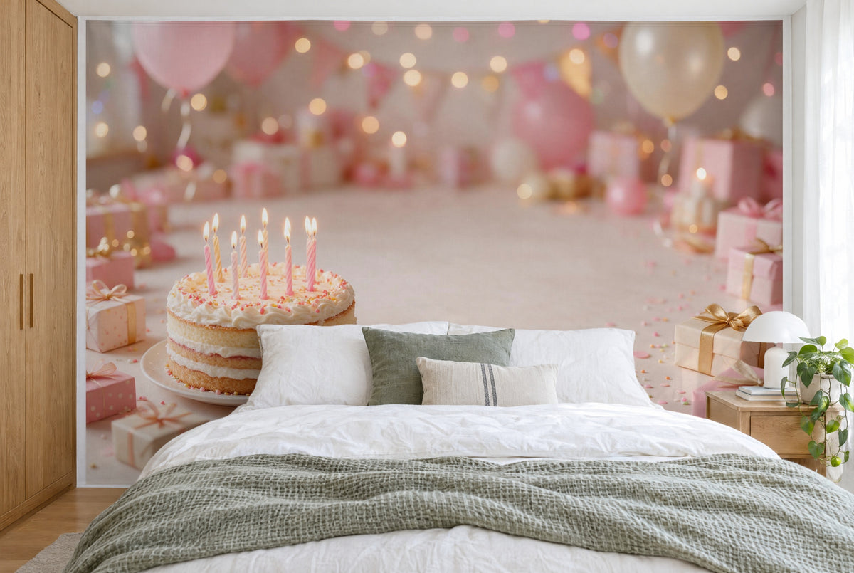 Large wall hanging Birthday Cake with Candles in the bedroom, wall-filling behind the bed – printed tapestry