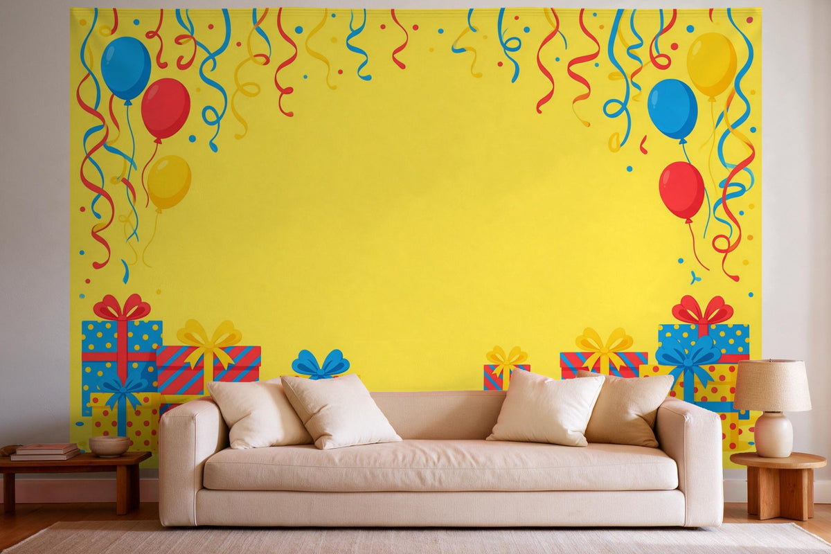 Tapiz de pared XXL Regalos y serpentinas de cumpleaños como decoración en un salón luminoso sobre el sofá