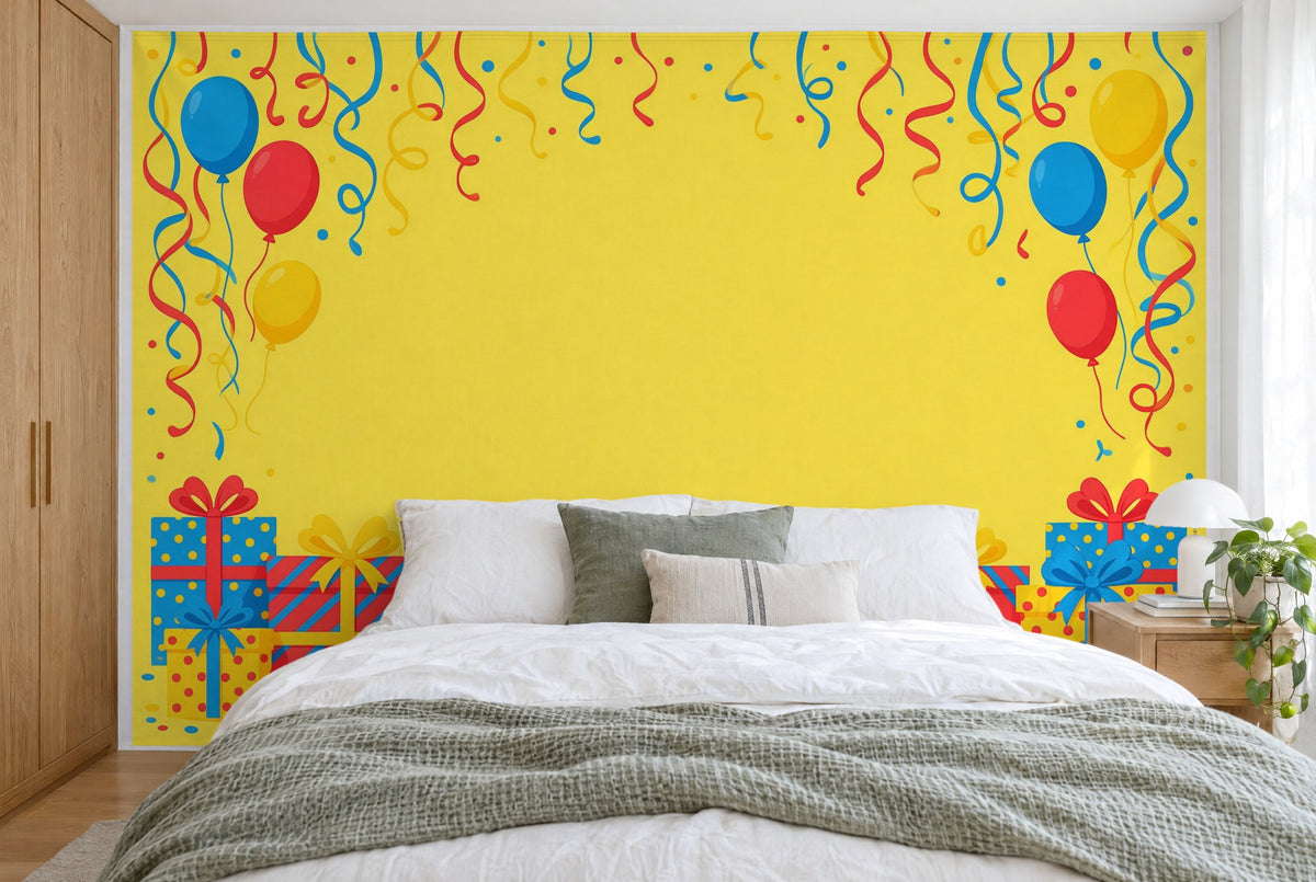 Tapiz de pared grande Regalos y serpentinas de cumpleaños en el dormitorio, cubriendo la pared detrás de la cama – tela impresa