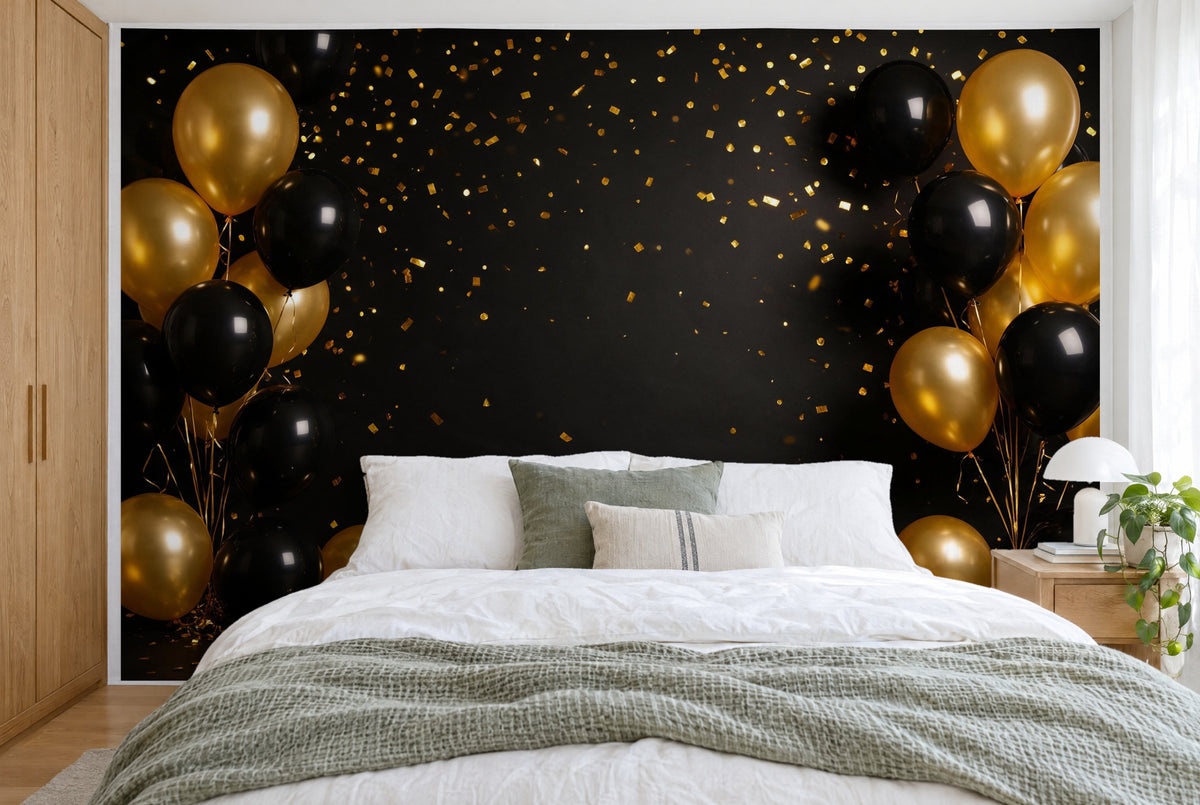 Tapiz de pared grande Globos dorados sobre negro en el dormitorio, cubriendo la pared detrás de la cama – tela impresa