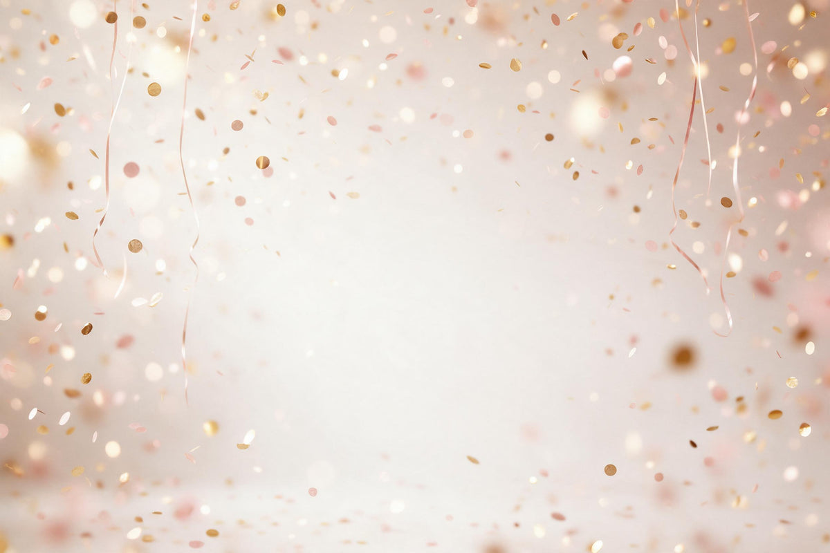 Confetti rain of small gold and pink discs with fine streamers, tapestry printed on fabric – gold and pink