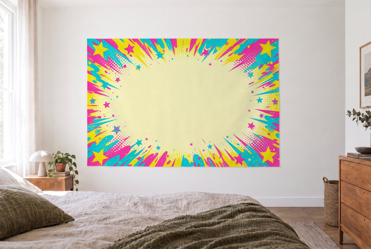Colourful Party Dots in Pop Art Style tapestry in a bright bedroom opposite the bed, wooden dresser on the right – yellow