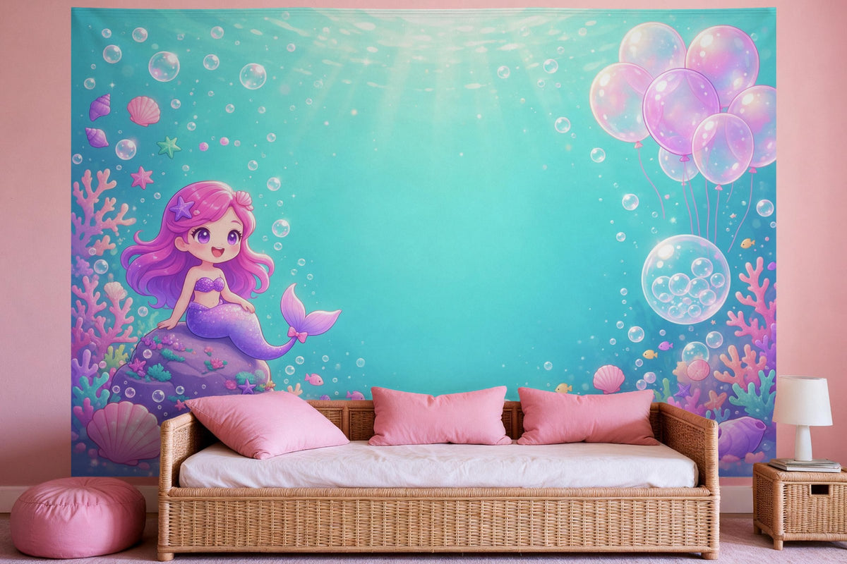 Tapiz de pared XXL Cumpleaños de sirena bajo el agua como decoración en un dormitorio de niña
