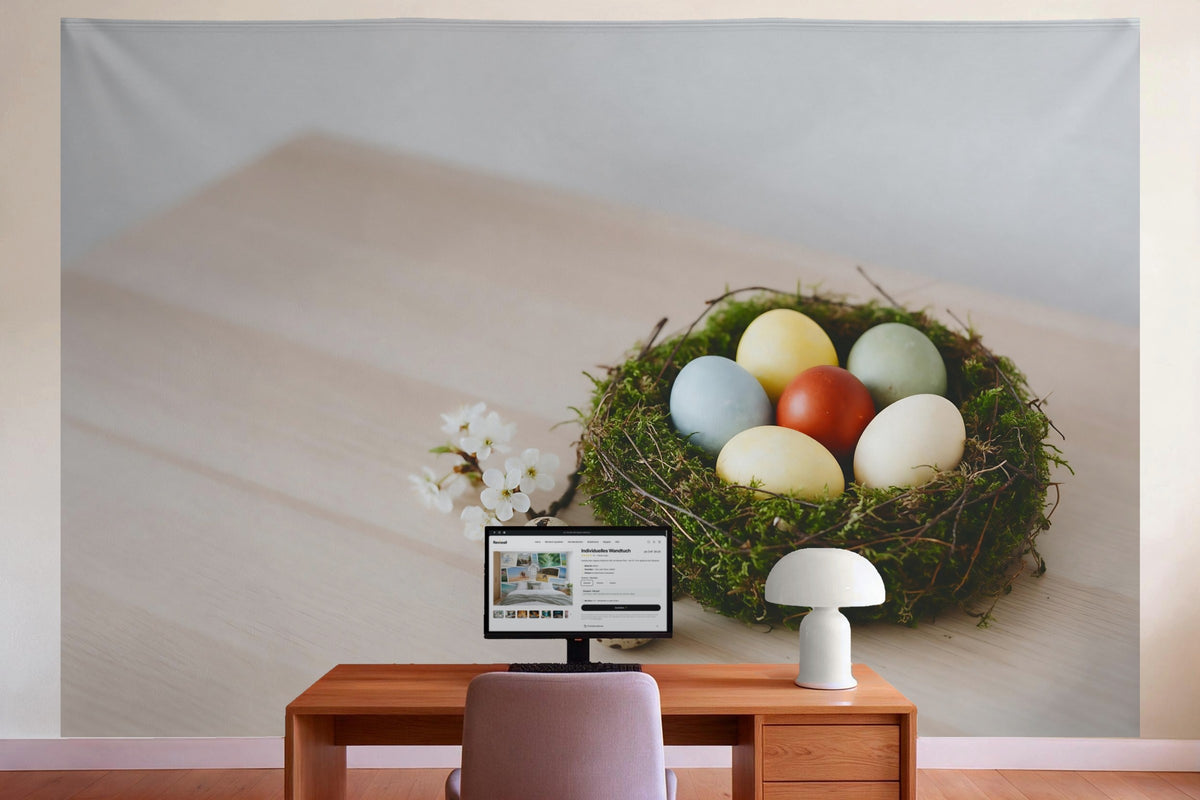 Wall decor in a home office behind the desk: printed fabric tapestry Easter Eggs in a Moss Nest