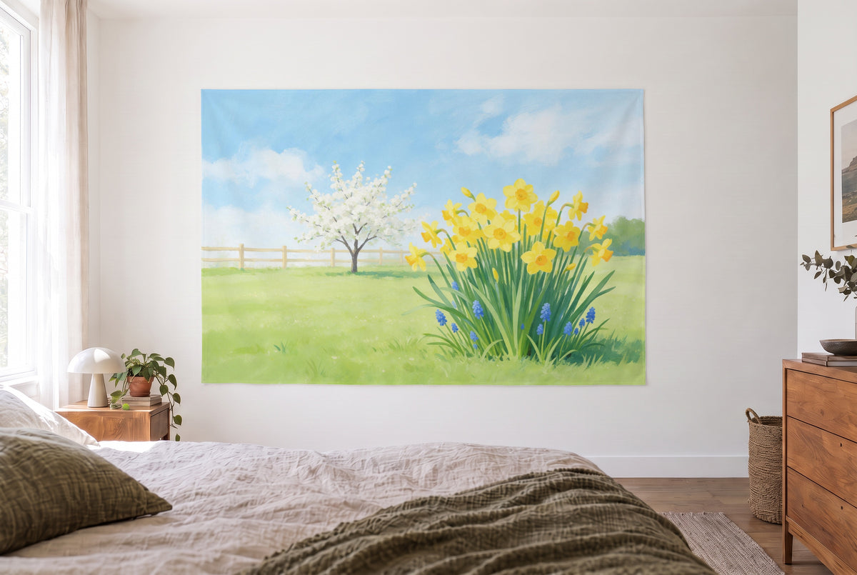Wandtuch Osterglocken im Frühlingsgarten im hellen Schlafzimmer gegenüber dem Bett, rechts eine Holzkommode – Gelb und Blau