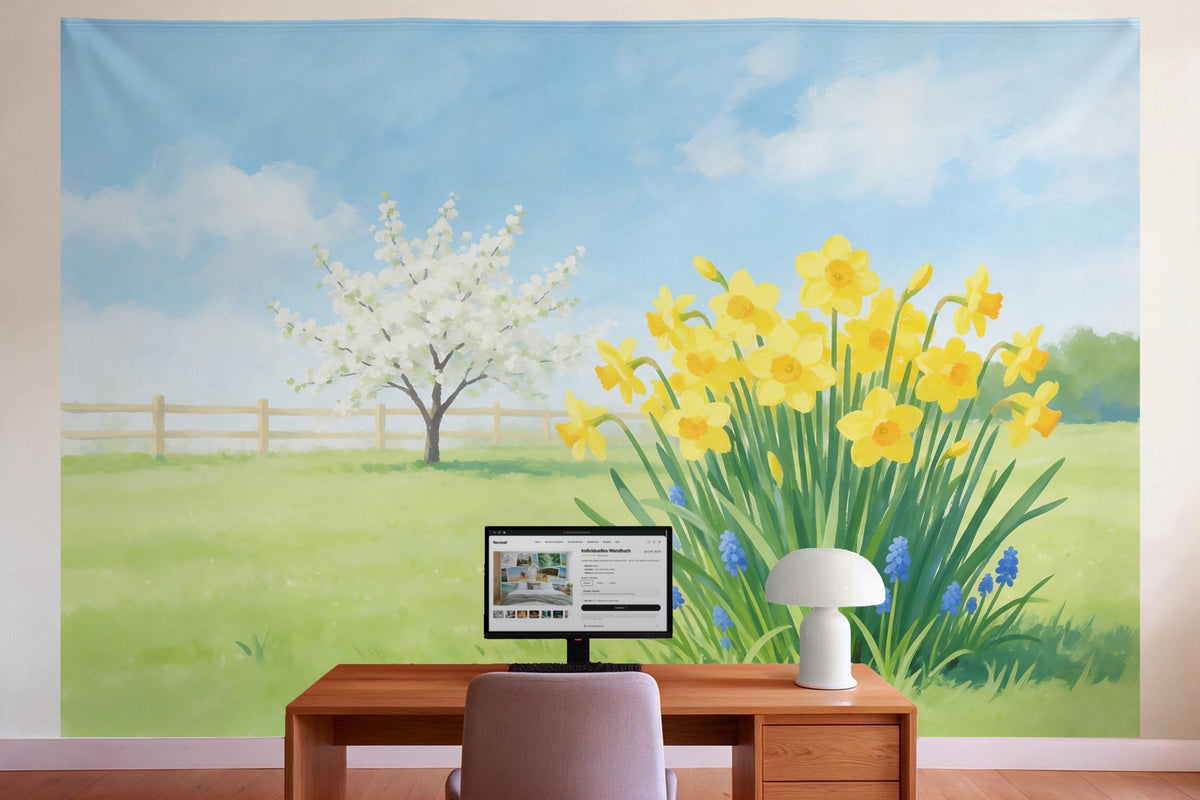 Wall decor in a home office behind the desk: printed fabric tapestry Daffodils in a Spring Garden