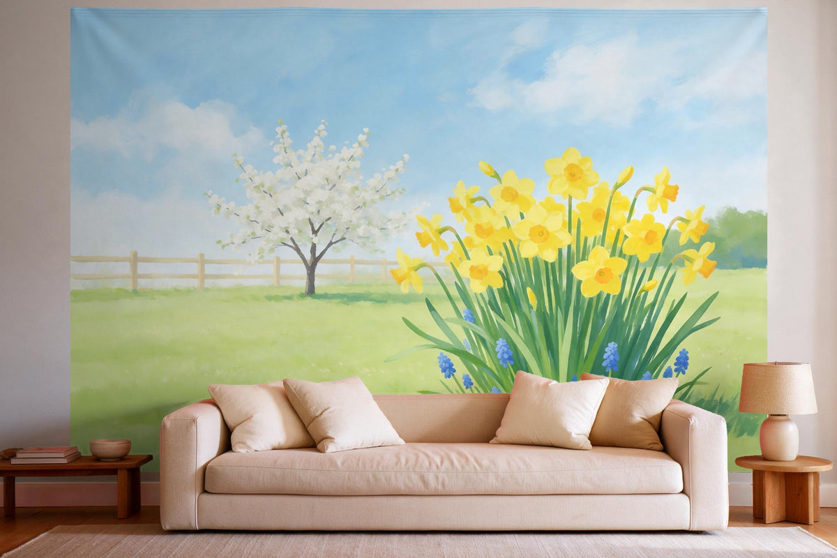 XXL wall tapestry Daffodils in a Spring Garden as wall decor in a bright living room above the sofa