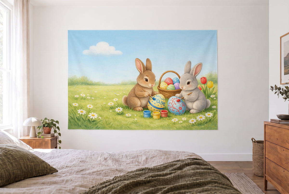 Wandtuch Osterhasen bemalen Eier im hellen Schlafzimmer gegenüber dem Bett, rechts eine Holzkommode – Grün und Blau
