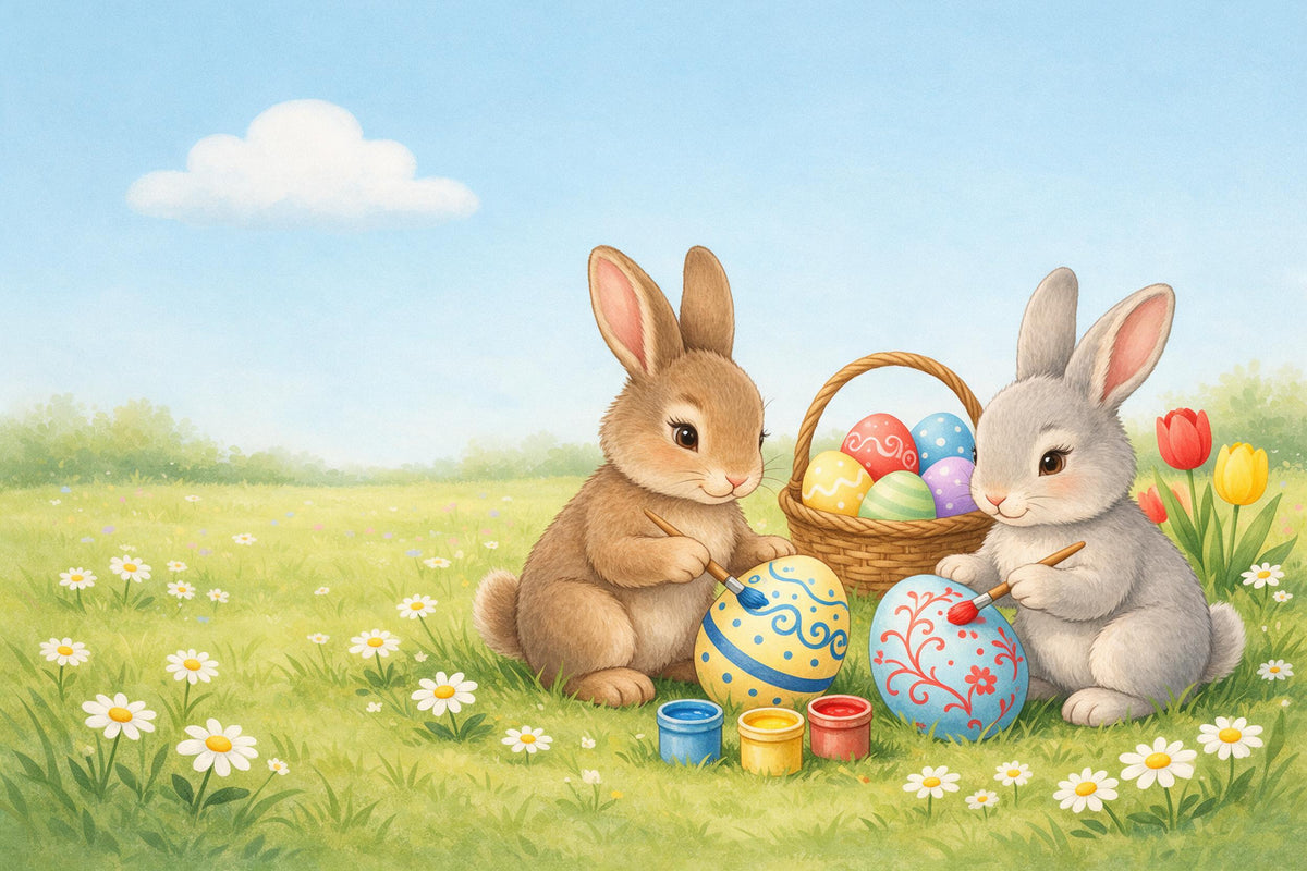 Zwei Osterhasen bemalen bunte Eier neben einem Eierkorb auf der Frühlingswiese, als Wandtuch, auf Stoff gedruckt – Grün