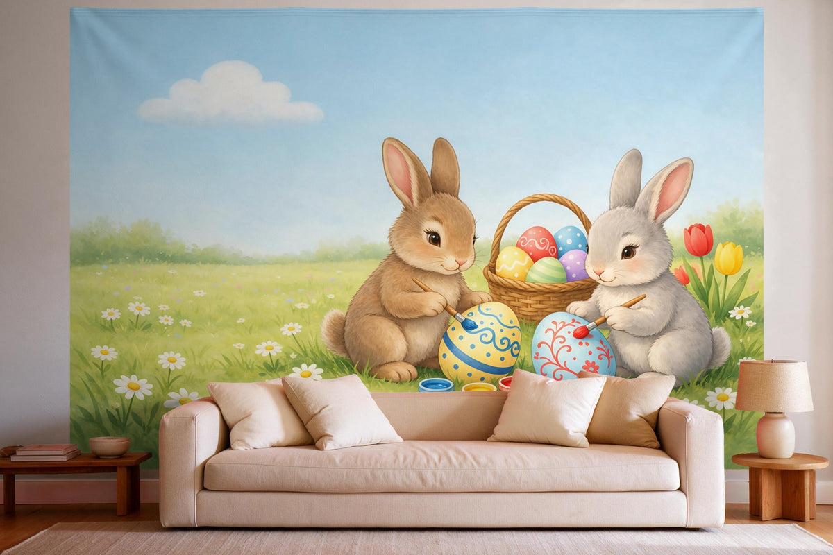 Wall decor in a bright living room above the sofa: printed fabric tapestry Easter Bunnies Painting Eggs