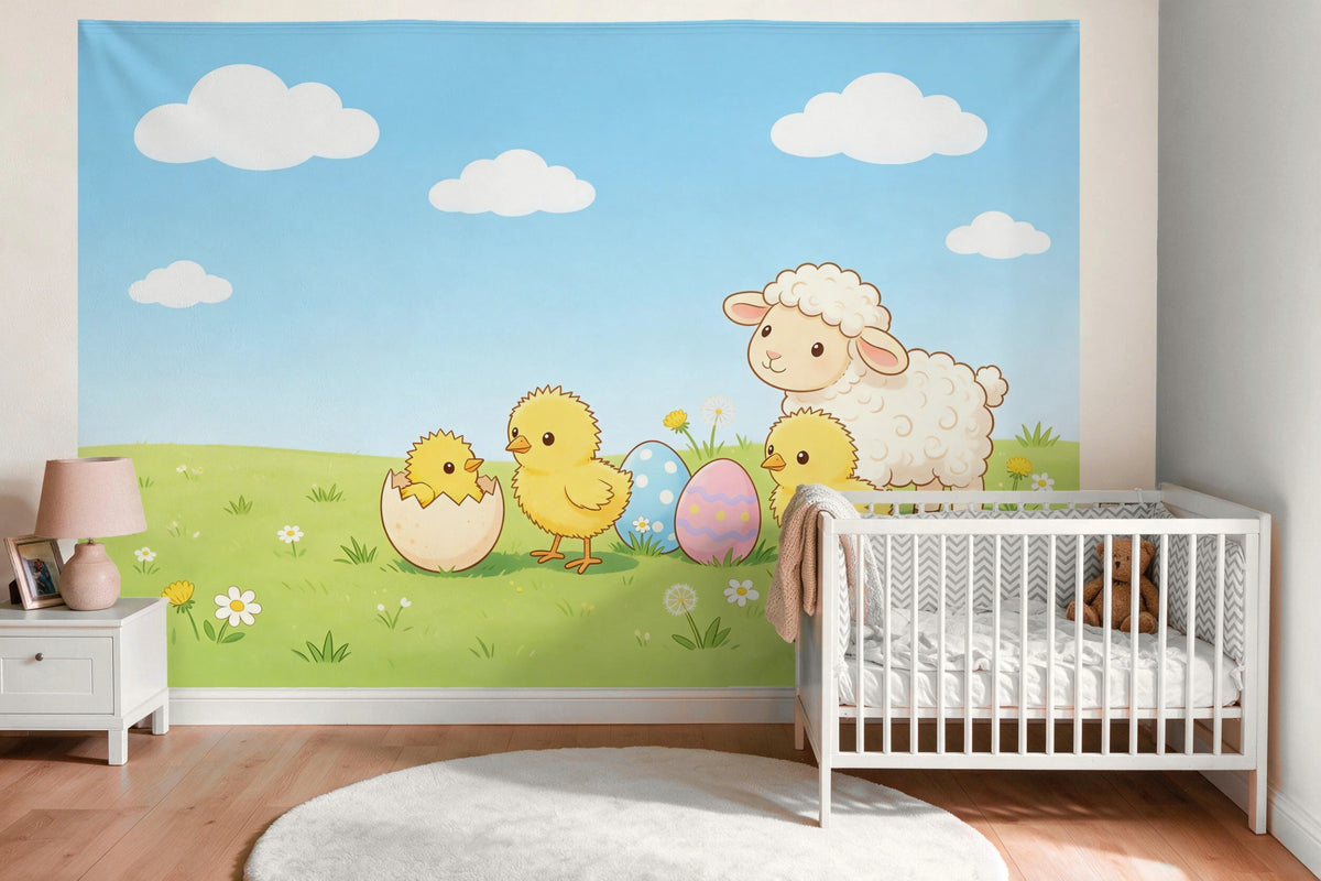 XXL wall tapestry Easter Chicks and Little Lamb in the Meadow as wall decor in the nursery above the crib