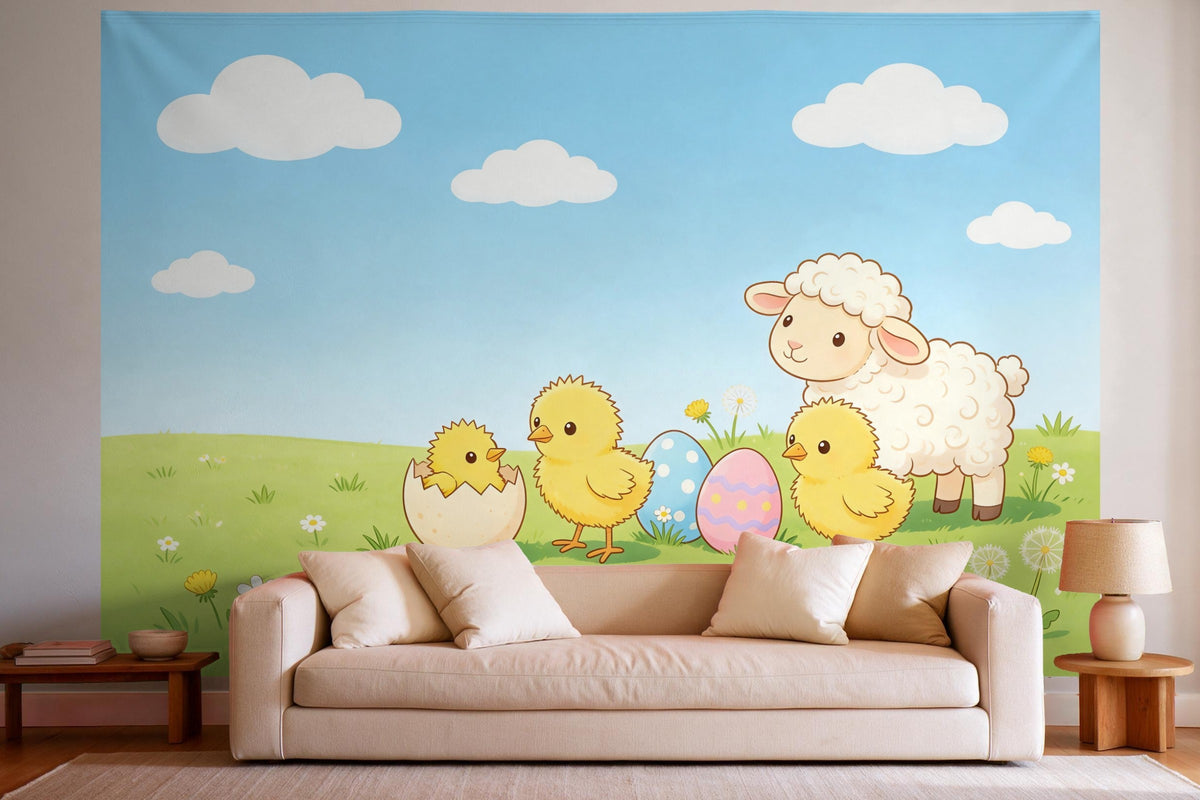 Wall decor in a bright living room above the sofa: printed fabric tapestry Easter Chicks and Little Lamb in the Meadow
