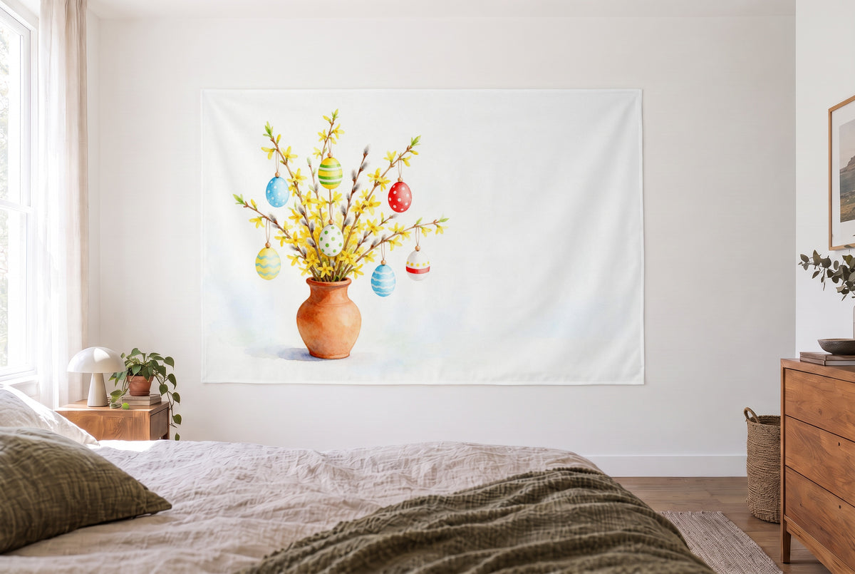 Easter Bouquet with Painted Eggs tapestry in a bright bedroom opposite the bed, wooden dresser at right – yellow and green