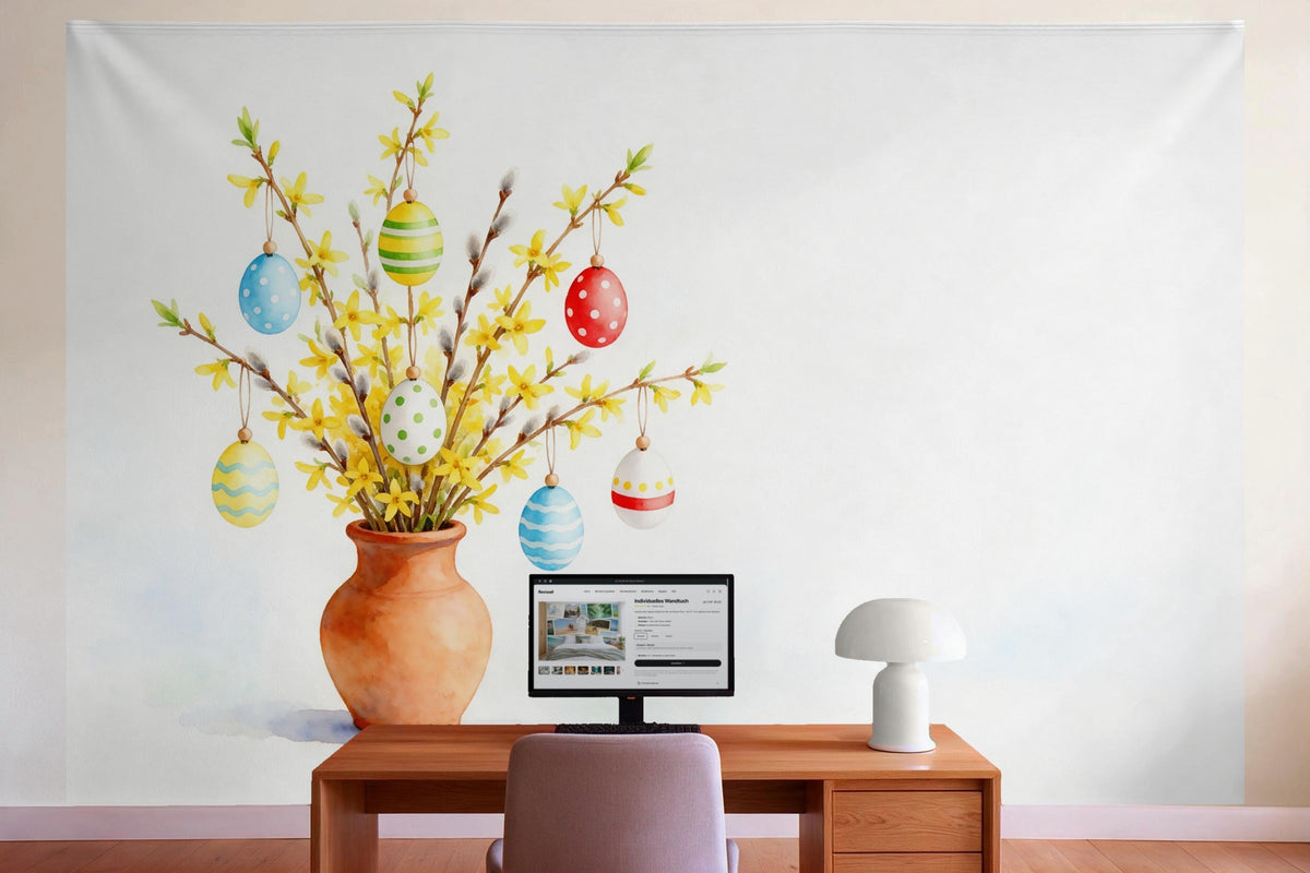 Wall decor in a home office behind the desk: printed fabric tapestry Easter Bouquet with Painted Eggs