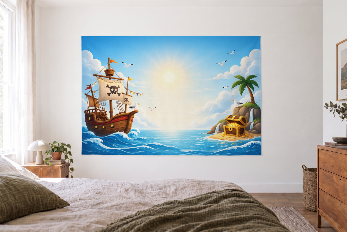 Pirate birthday tapestry in a bright bedroom opposite the bed, wooden dresser on the right – blue and gold