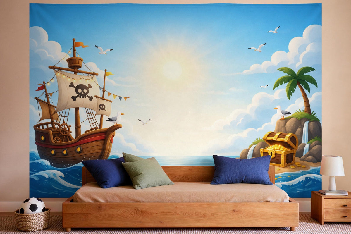 Tapiz de pared XXL Cumpleaños pirata con isla del tesoro como decoración en un dormitorio de niño