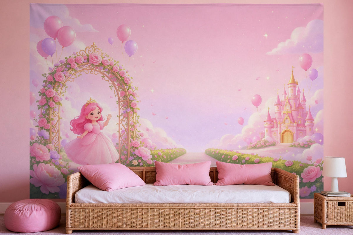 Tapiz de pared XXL Cumpleaños de princesa en el jardín del castillo como decoración en un dormitorio de niña