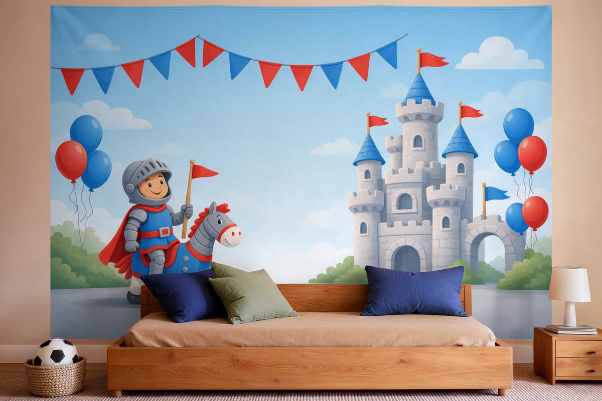 Wandtuch XXL Ritter-Geburtstag an der Burg als Wanddeko im Jungen-Kinderzimmer
