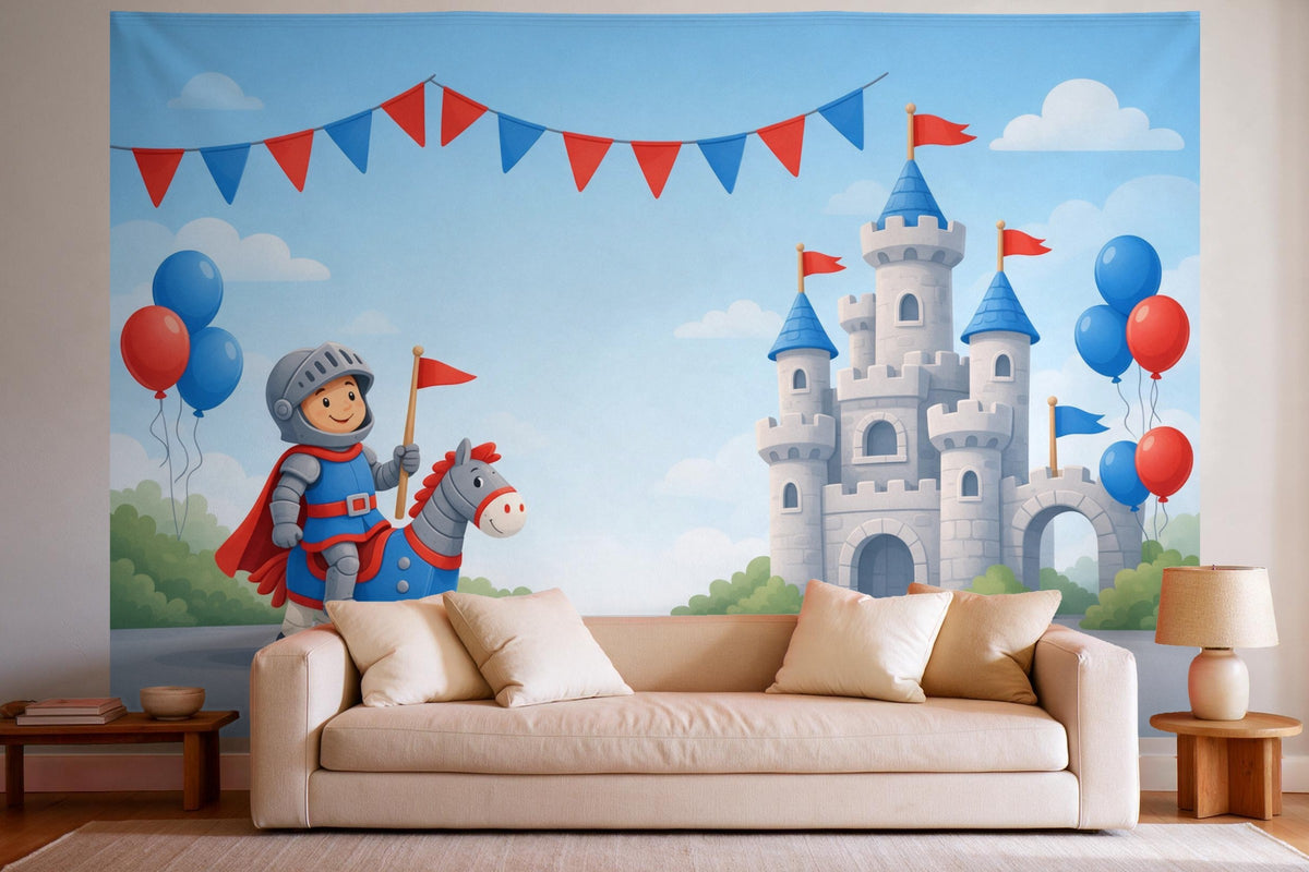 Wanddeko im hellen Wohnzimmer über dem Sofa: Wandtuch Ritter-Geburtstag an der Burg, auf Stoff gedruckt