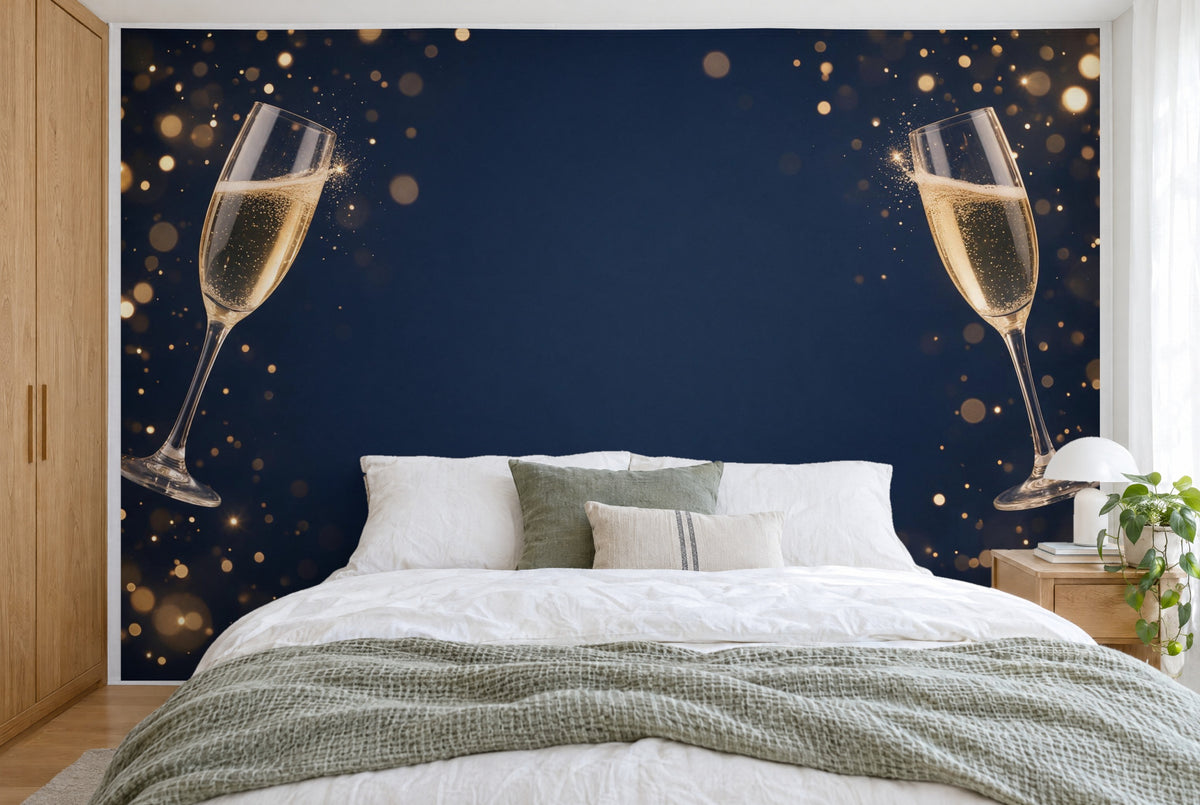 Large wall hanging Champagne Glasses and Gold Glitter in the bedroom, wall-filling behind the bed – printed tapestry
