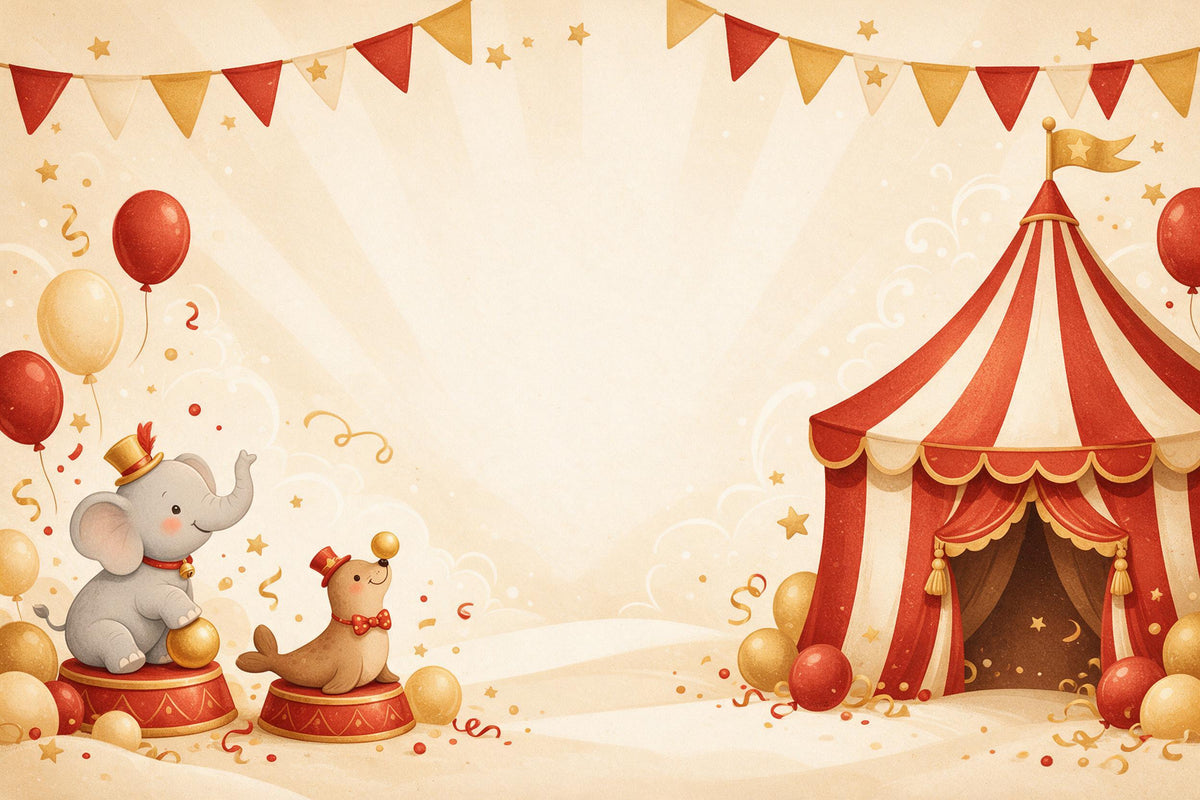 Red and cream circus tent on the right, elephant and seal with balls under bunting on the left, tapestry printed on fabric