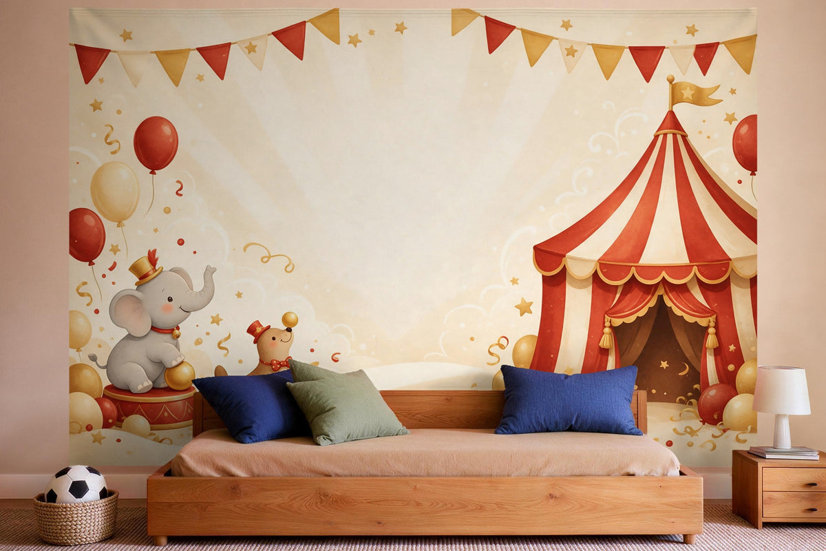 Wall decor in a boys' bedroom: printed fabric tapestry Circus Birthday with Tent