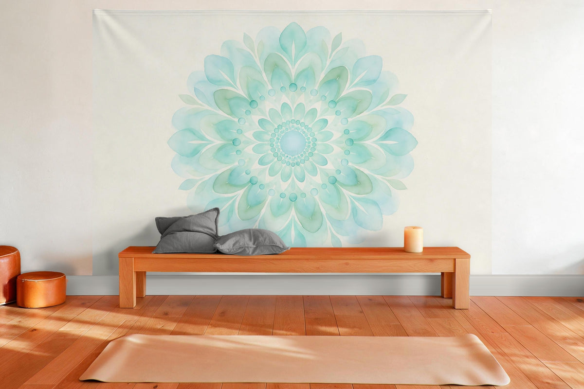 Wandtuch XXL mit Aquarell-Mandala in Türkis und Salbei als Wanddeko im Yogaraum