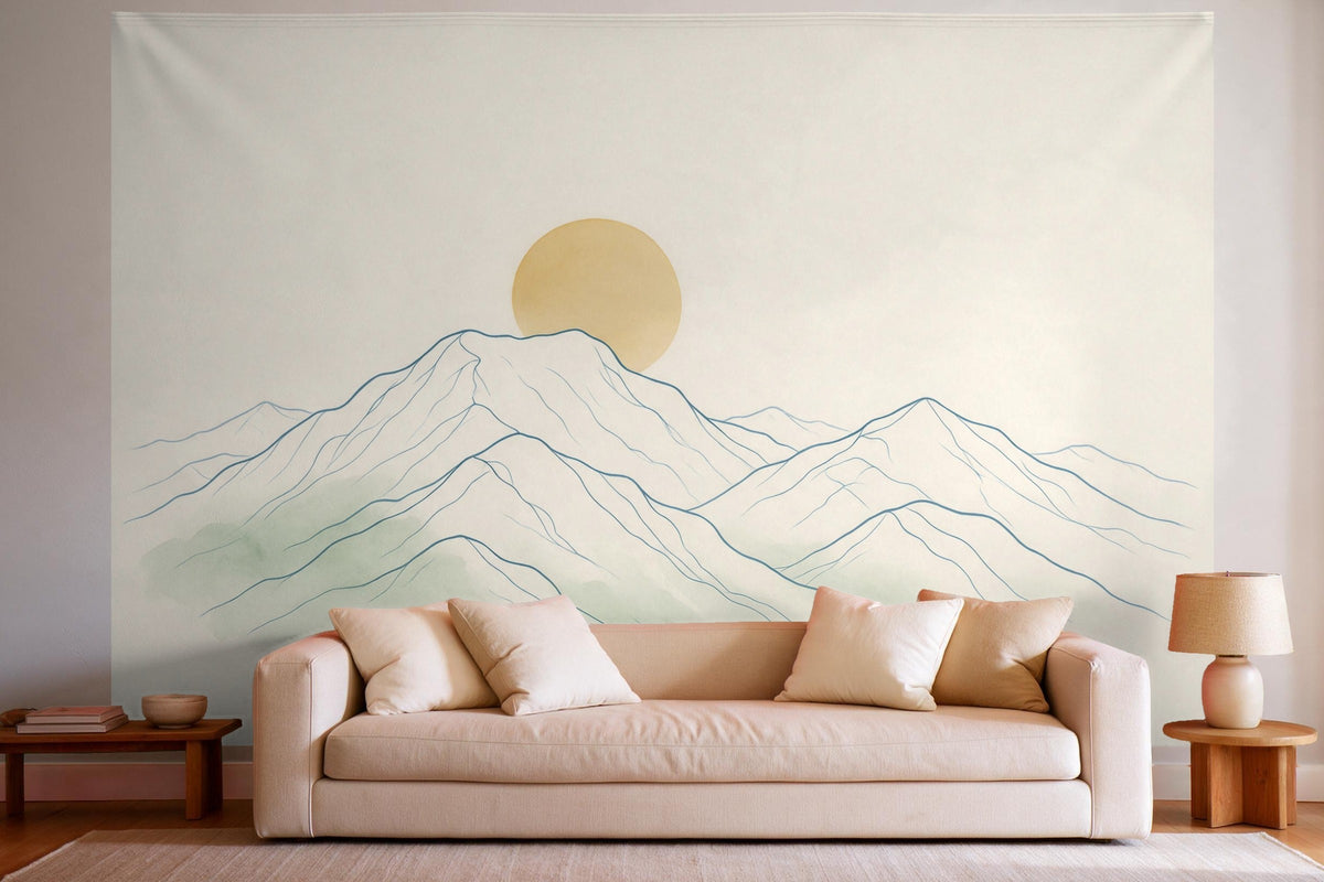 Déco murale dans un salon lumineux au-dessus du canapé : tenture murale Crête montagneuse en line art, imprimée sur tissu