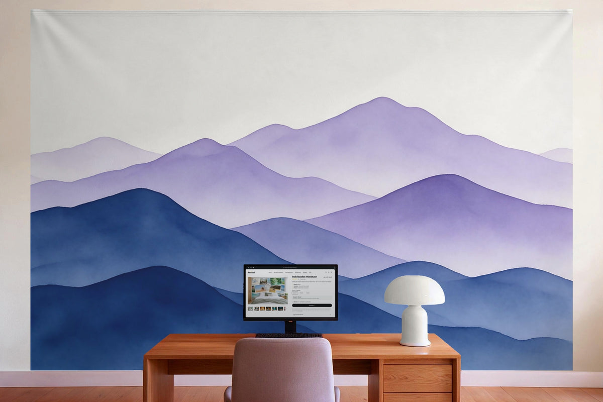 Tapiz de pared XXL Montañas en degradado acuarela como decoración en la oficina detrás del escritorio