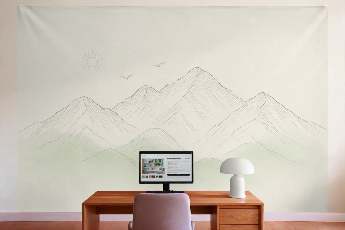 Wandtuch XXL Berglandschaft in Line Art als Wanddeko im Büro hinter dem Schreibtisch